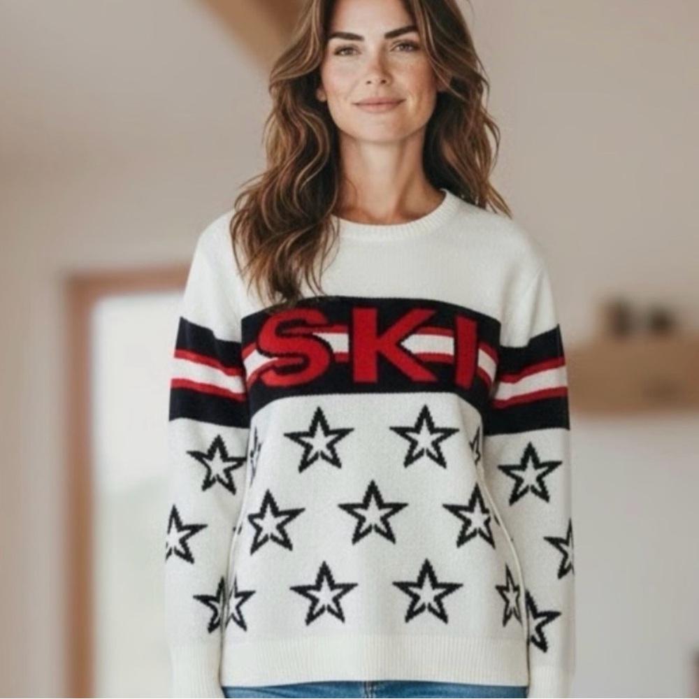 NWT CeCe White Sweater with Navy Stars and Red 'SKI' Design - M, L, XL